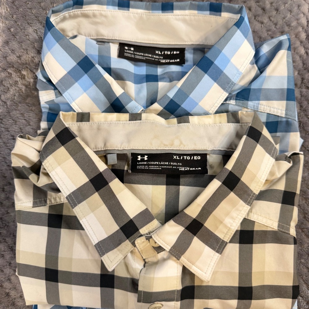 Under Armour Mens XL Plaid Short Sleeve Fishing Shirt Tan Black Button Up Mesh